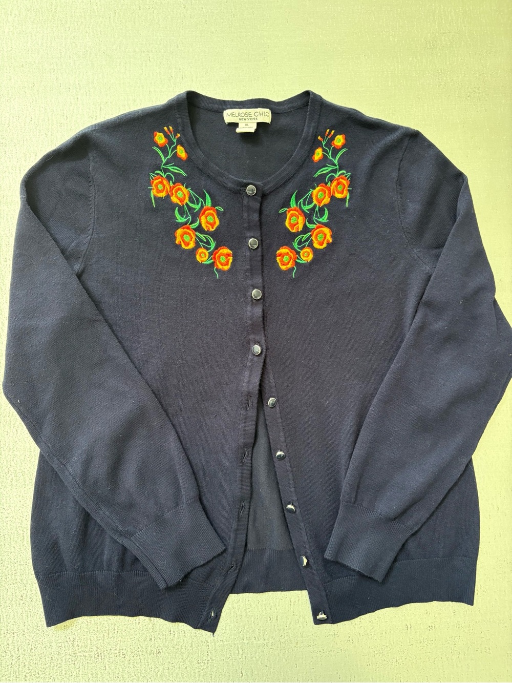 Melrose Chic Navy Cardigan with Orange Floral Embroidery